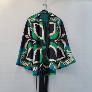 Zara Boho Blue Green Black Kimono Wrap Top Blouse Size Small Boho Mod Summer